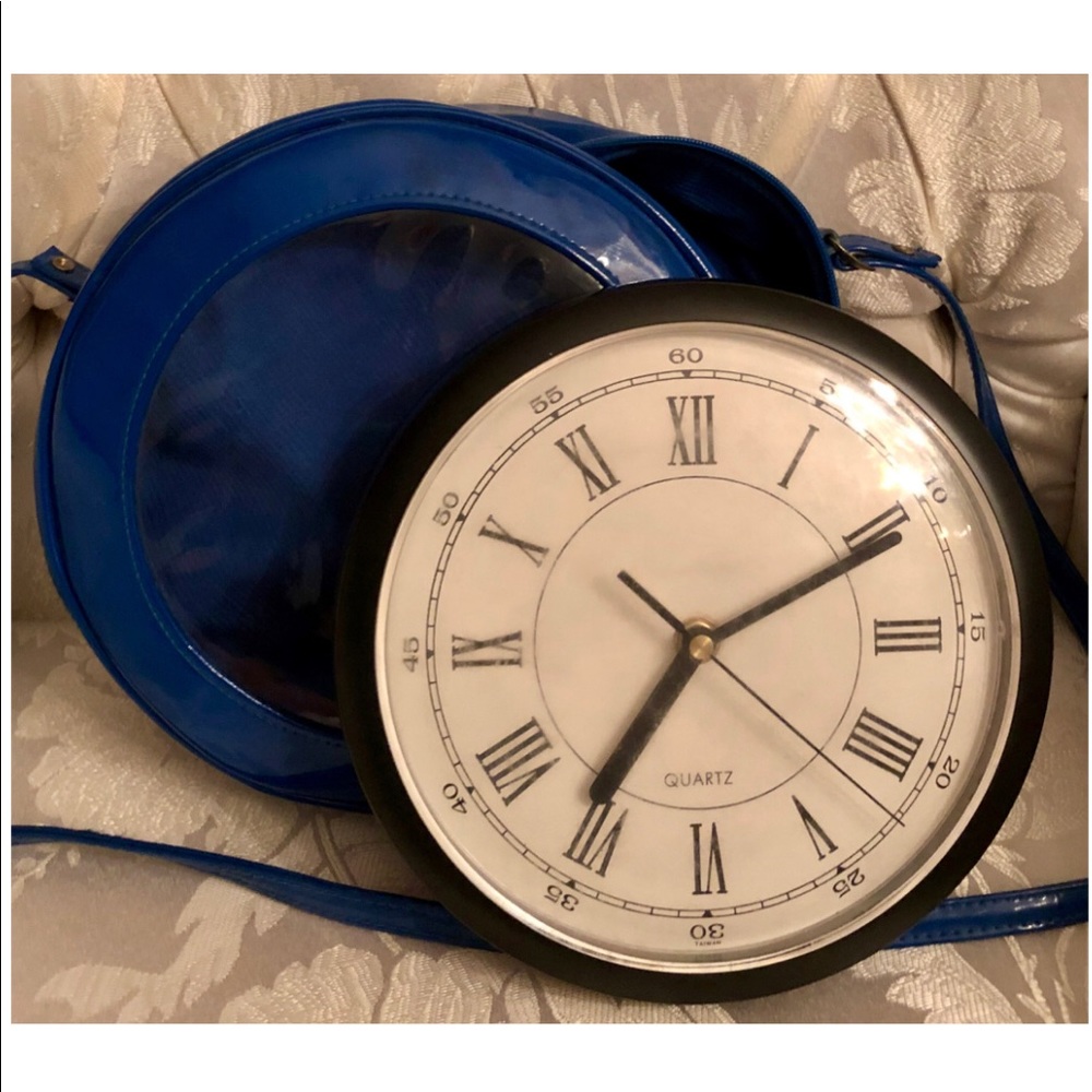 VINTAGE RARE ROYAL BLUE QUARTZ CLOCK CROSSBODY BAG - Picture 4 of 6